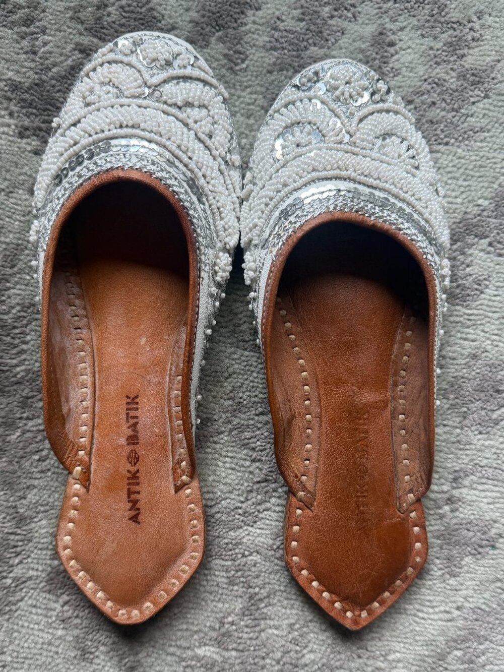 Antik Batik White Beaded Sequin Leather Jutti Flats Shoes